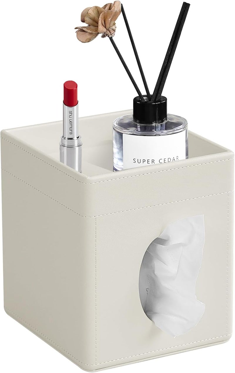 Cretkhp Tissue Box Cover, PU Leather Square Tissue Box Holder with Storage Tray for Bathroom Vanity Countertop Night Stands Bedroom Office Desk, Stylish Tissue Holder Decorative Organizer (Cream) - Image 1